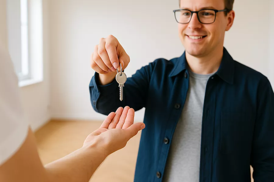 Person lämnar över nyckel till hyresvärd efter flyttstädning